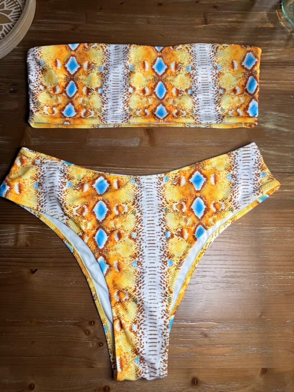 Amazon Yellow Orange Blue Patterned Bandeau Bikini Set - Picture 3 of 10